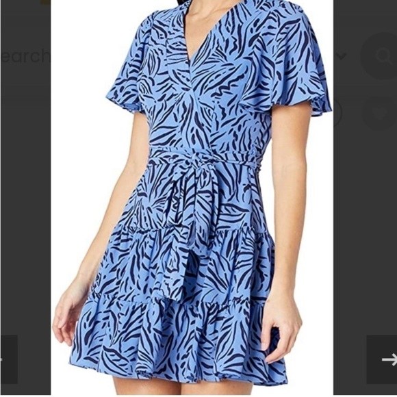 Eliza J Print Faux Wrap Tiered Flutter Sleeve V Neck Dress - Picture 1 of 14